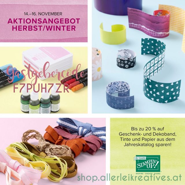 📢 Herbst -Aktion!
- 20 % auf Stampin' Up! Papiere
- 15 % auf Stampin' Up! Tinten
- 10 % auf Stampin' Up! Bänder
aus dem aktuellen Jahreskatalog!
.
🥳
.
👉🏻Die Aktion läuft vom 14. bis zum 16. November 2023.
👉🏻Diese Aktion bezieht sich auf ausgewählte  Produkte aus dem aktuellen Stampin’ Up! Jahreskatalog.
👉🏻Angebotene Produkte nach Verfügbarkeit.
👉🏻Bei dieser Aktion gibt es keine Bestellbeschränkungen.
.
⌨ Habt ihr Fragen - dann schreibt mir einfach eine Nachricht, ich helfe gerne weiter…
.
alles Liebe
Eva
.
#stampinupösterreich #stampinupbestellen  #entdeckedeinekreativität #kreativmitpapier #designerpapier #diyauspapier #dsp 
#stampinupaktion #stampinupdemo  #aktion #jetztbestellen 
.
.
📦 Bestellungen von Stampin' Up! Produkten könnt ihr direkt über meinen online-Shop (shop.allerleikreatives.at) mit dem aktuellen Gastgeberinnencode: F7PUH7ZR oder über mich persönlich aufgeben.
