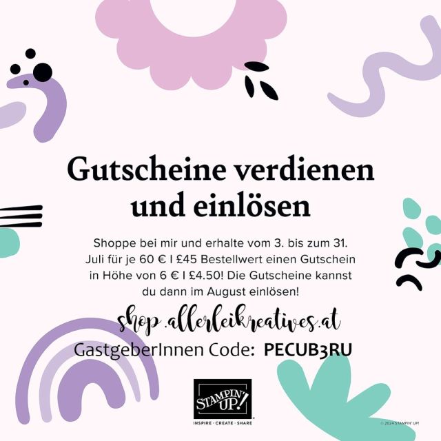 Die #stampinupbonustage sind 2024 zurück! 🥳
.
👇🏻
.
👉🏻 bestelle im Juli und du bekommst je € 60,-- Bestellwert einen Gutscheincode über € 6,--
.
👉🏻 löse deine Bonustage-Gutscheincodes bei einer Bestellung im August ein
.
⌨ Habt ihr Fragen zur Aktion - schreibt mir einfach eine Nachricht, ich helfe gerne weiter…
.
alles Liebe
Eva
.

.
#stampinup #stampinupösterreich #aktion #entdeckedeinekreativität #kreativmitpapier #stempeln #gastgeberinwerdenlohntsich #bastelnmitstampinup #dowhatyoulove 
.
.
📦 Bestellungen von Stampin' Up! Produkten könnt ihr direkt über shop.allerleikreatives.at (mit dem aktuellen Gastgeberinnencode) oder über mich persönlich aufgeben.