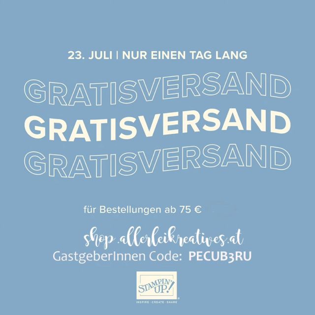 Aufgepasst - NUR HEUTE (23.07.2024) - GRATIS VERSAND BEI STAMPIN' UP!
.
🗒 Habt ihr Produkte aus dem neuen Katalog auf eurem Wunschzettel?
🗒 Möchtet ihr euch eines der aktuellen exklusiven Online-Produkte sichern?
.
Dann nutzt den Tag für eure Bestellung direkt im Online-Shop und spart Versandkosten!
.
👉🏻Oder meldet euch gerne bei mir...
.
alles Liebe
Eva
.
.
#stampinup #gratisversand #entdeckedeinekreativität #kreativmitpaier
.
.
📦 Bestellungen von Stampin' Up! Produkten könnt ihr direkt über shop.allerleikreatives.at (mit dem aktuellen Gastgeberinnencode) oder über mich persönlich aufgeben.